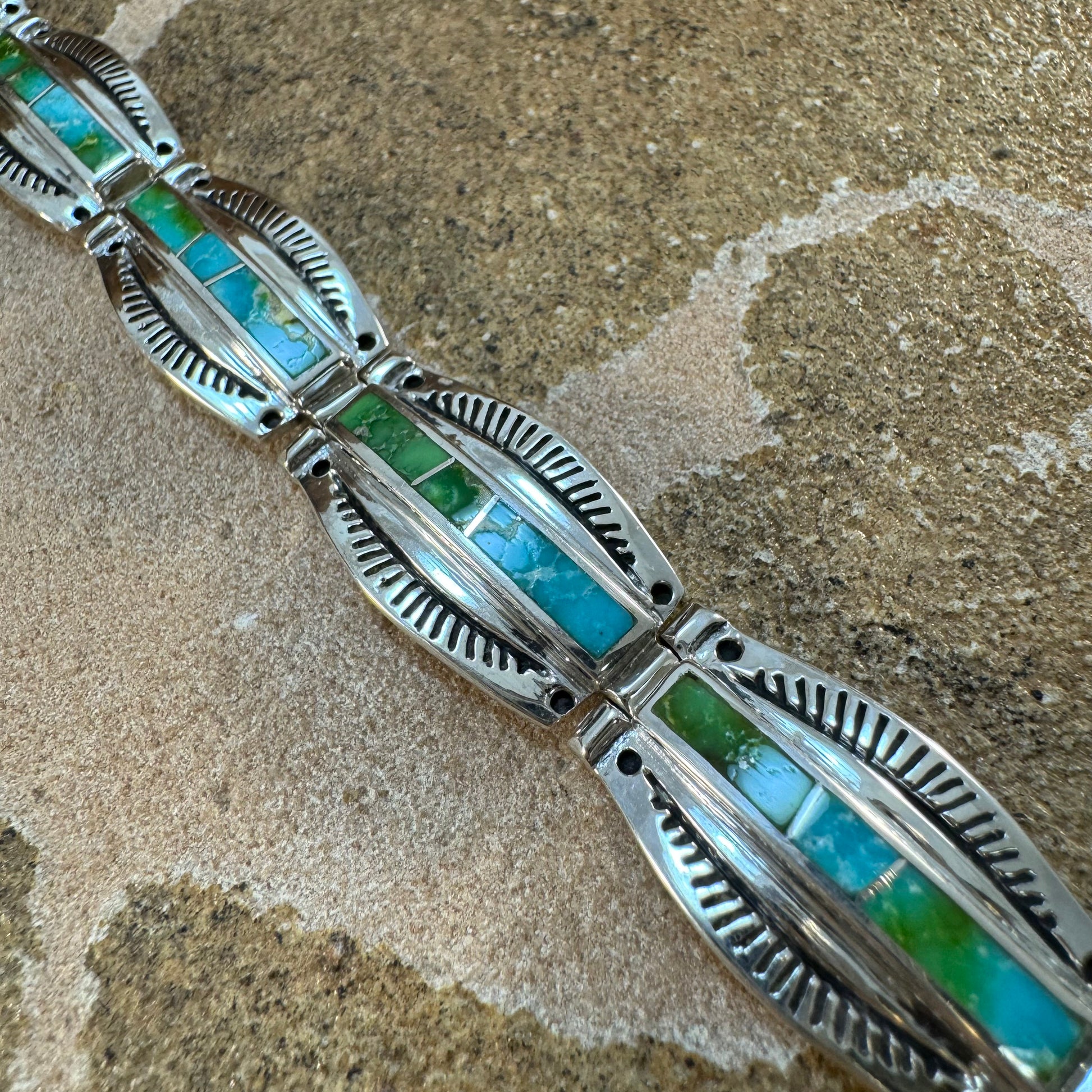 David Rosales Sonoran Gold Turquoise Inlaid Sterling Silver Link Bracelet