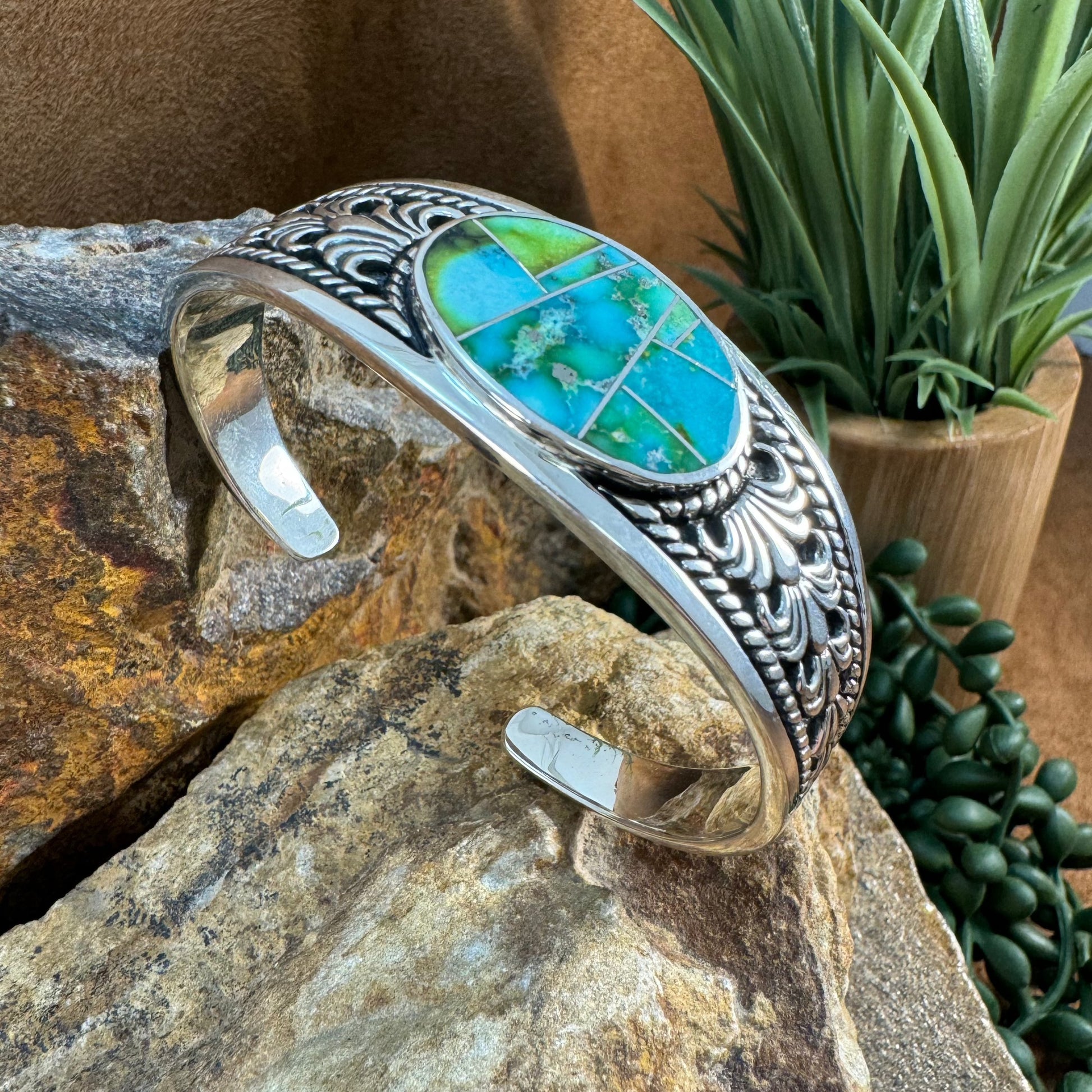 David Rosales Sonoran Gold Turquoise Inlaid Sterling Silver Cuff Bracelet