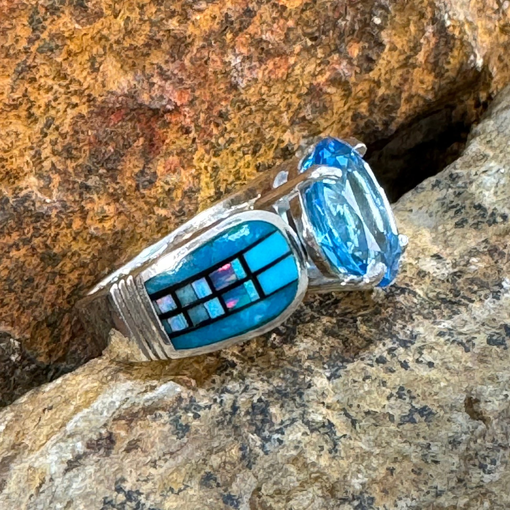 David Rosales Stardust Inlaid Sterling Silver Ring w/ Blue Topaz