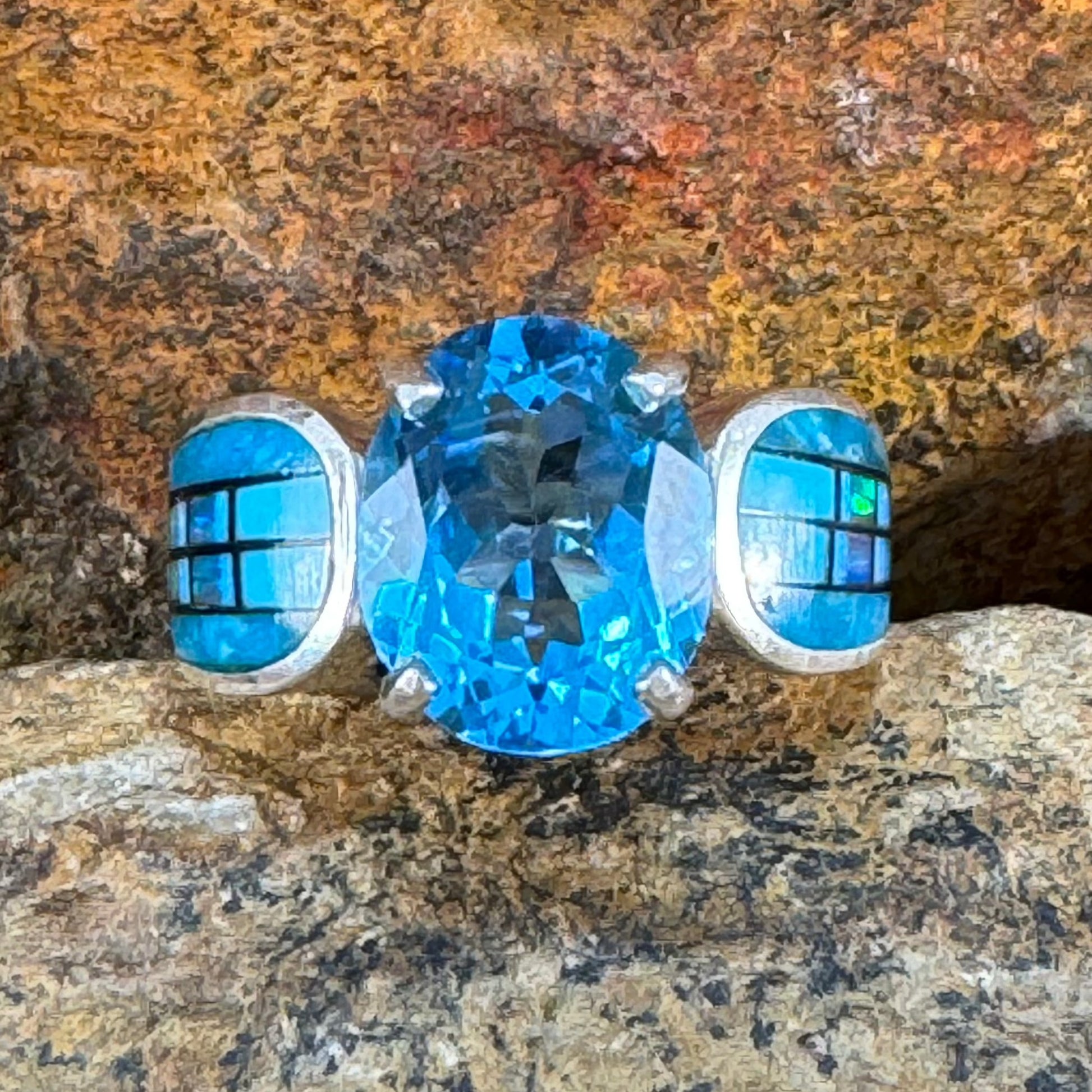 David Rosales Stardust Inlaid Sterling Silver Ring w/ Blue Topaz