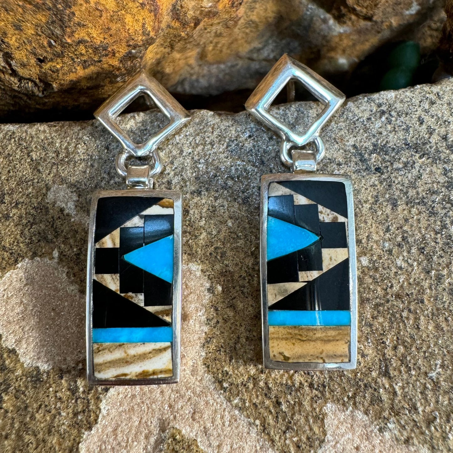 David Rosales Turquoise Creek Inlaid Sterling Silver Earrings