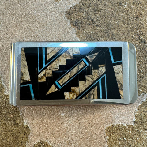 David Rosales Turquoise Creek Fancy Inlaid Sterling Silver Money Clip