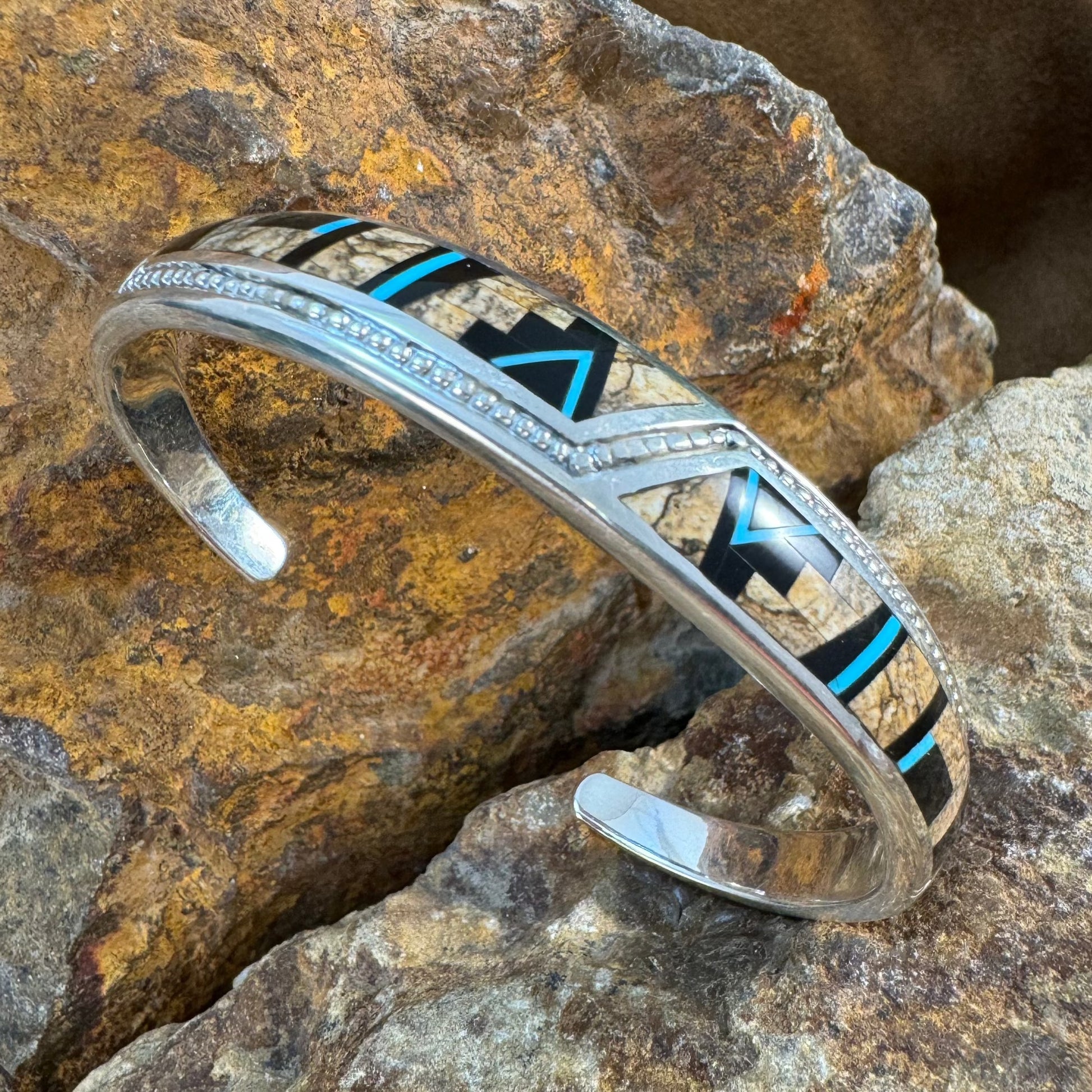 David Rosales Turquoise Creek Inlaid Sterling Silver Bracelet