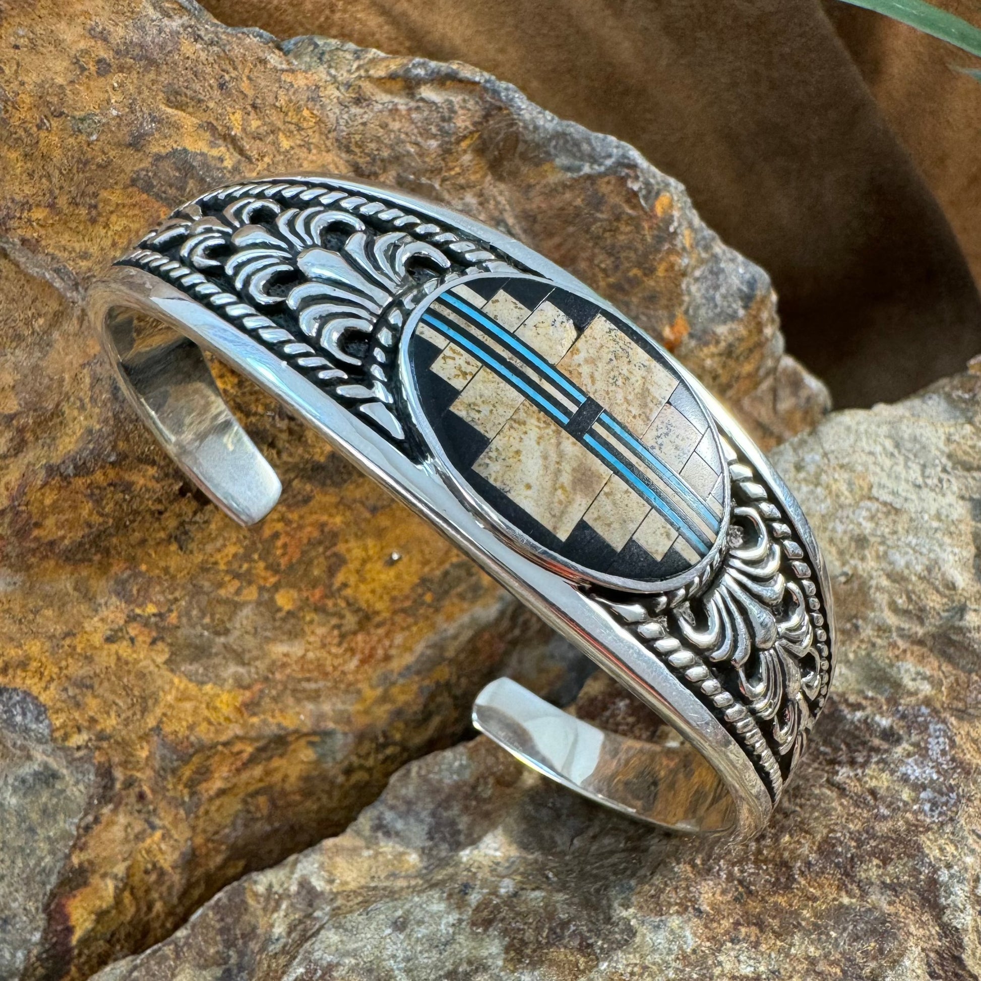 David Rosales Turquoise Creek Inlaid Sterling Silver Bracelet