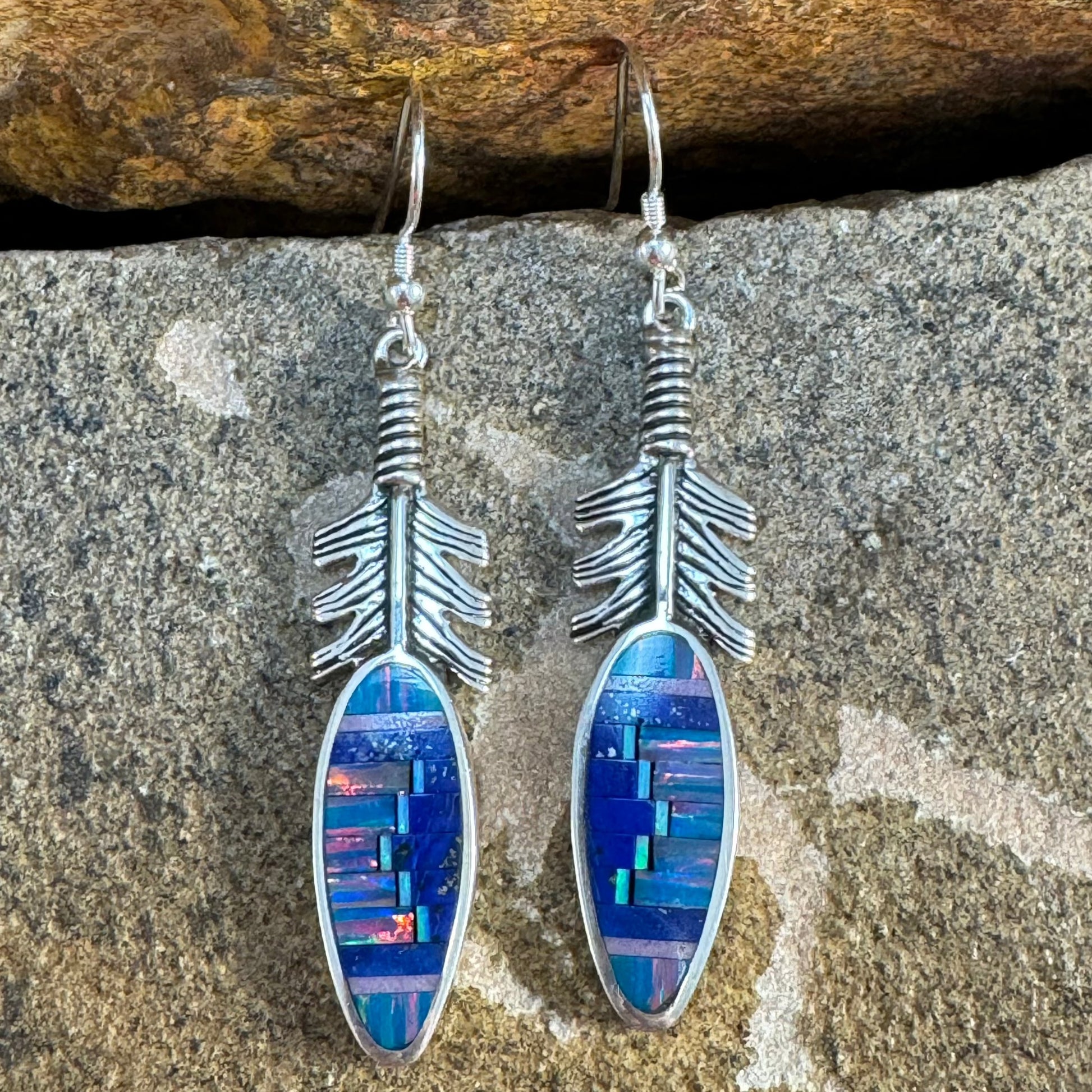 David Rosales Raincloud Inlaid Sterling Silver Earrings Feathers