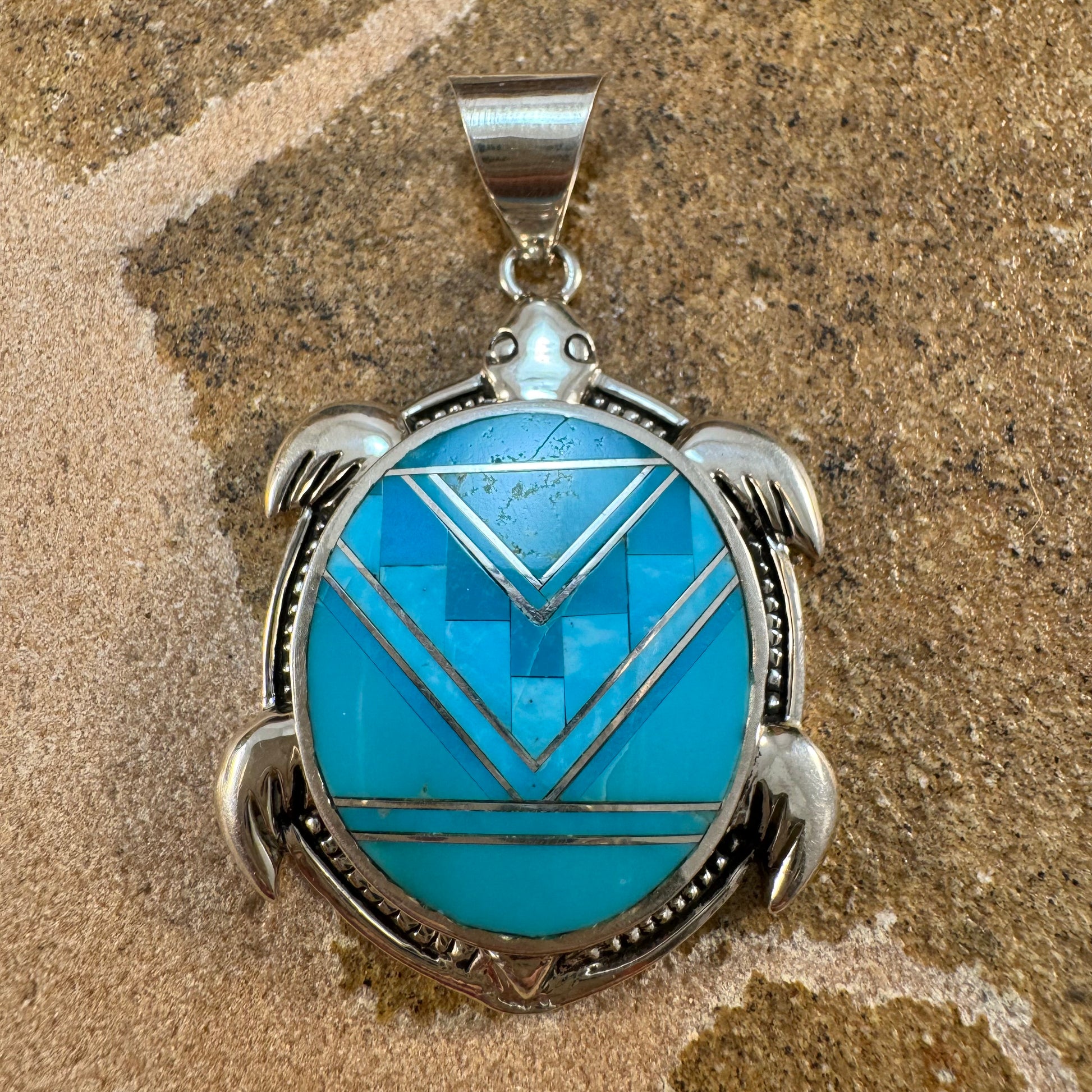 David Rosales Arizona Blue Inlaid Sterling Silver Pendant Turtle