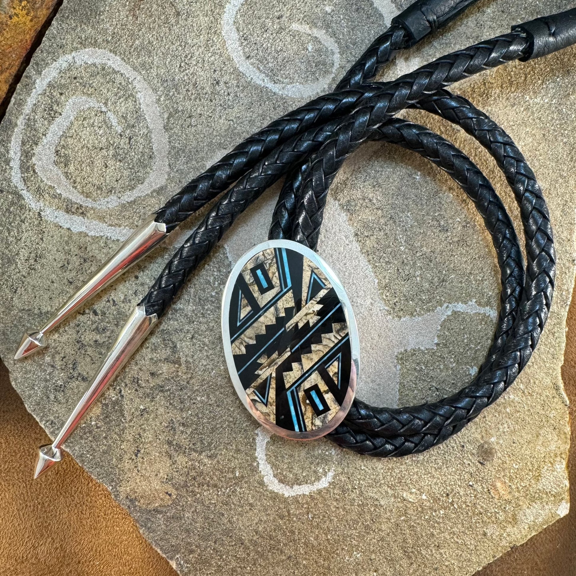 David Rosales Turquoise Creek Fancy Inlaid Sterling Silver Bolo Tie