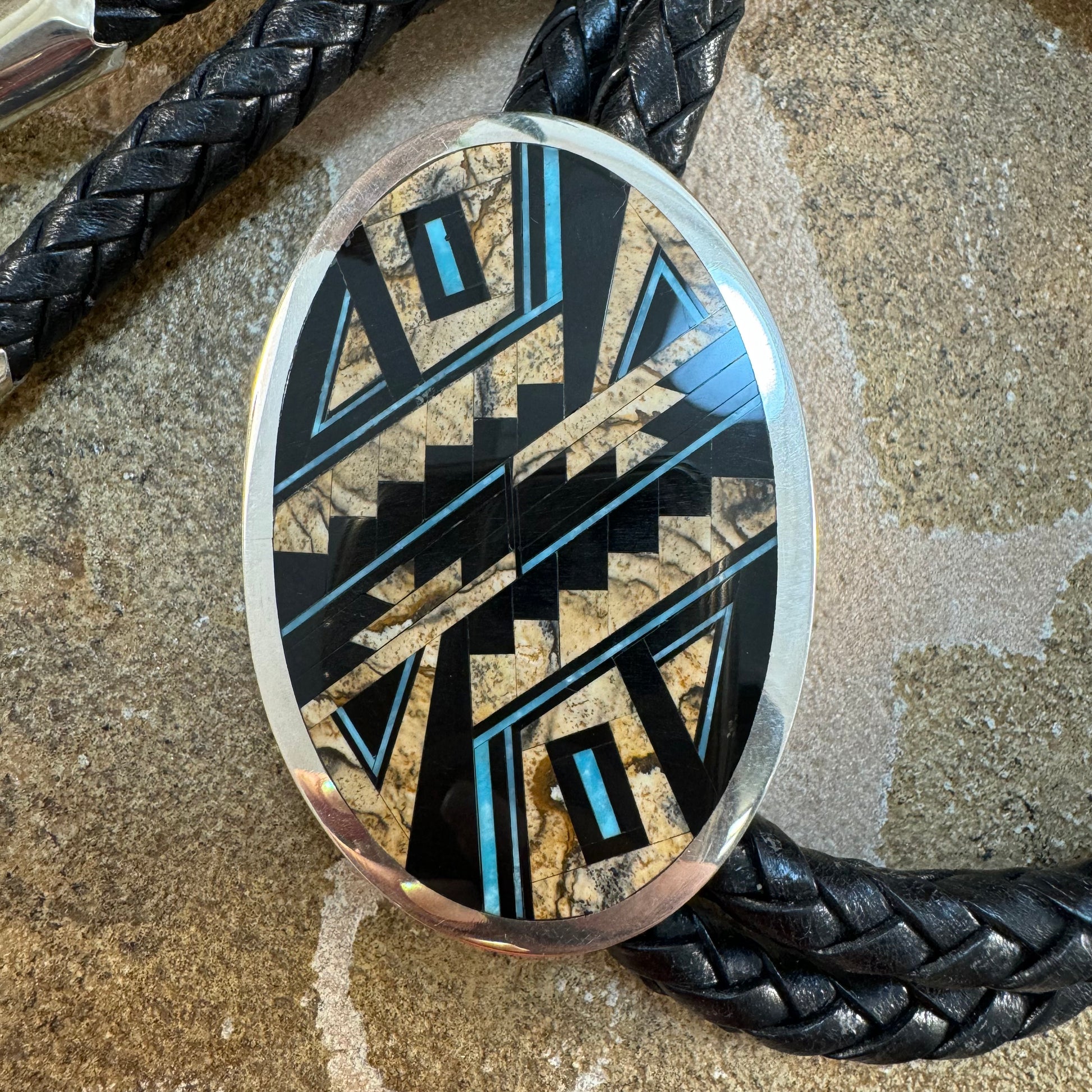 David Rosales Turquoise Creek Fancy Inlaid Sterling Silver Bolo Tie