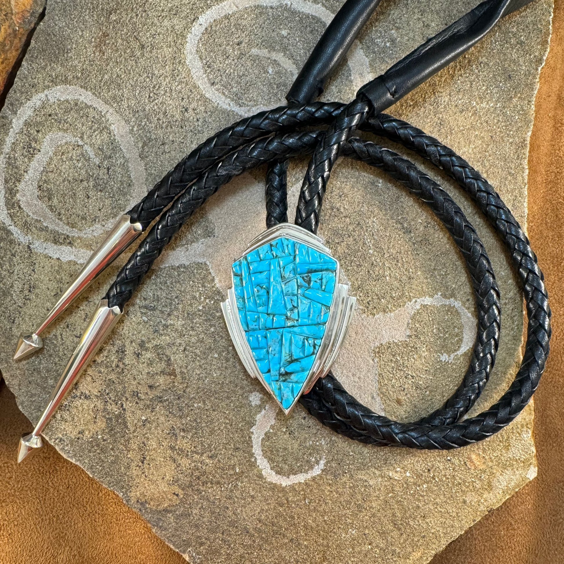 David Rosales Arizona Blue Cobble Inlaid Sterling Silver Bolo Tie