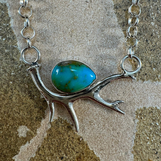 Sonoran Gold Turquoise Sterling Silver Antler Necklace w/ Chain by Billy Jaramillo