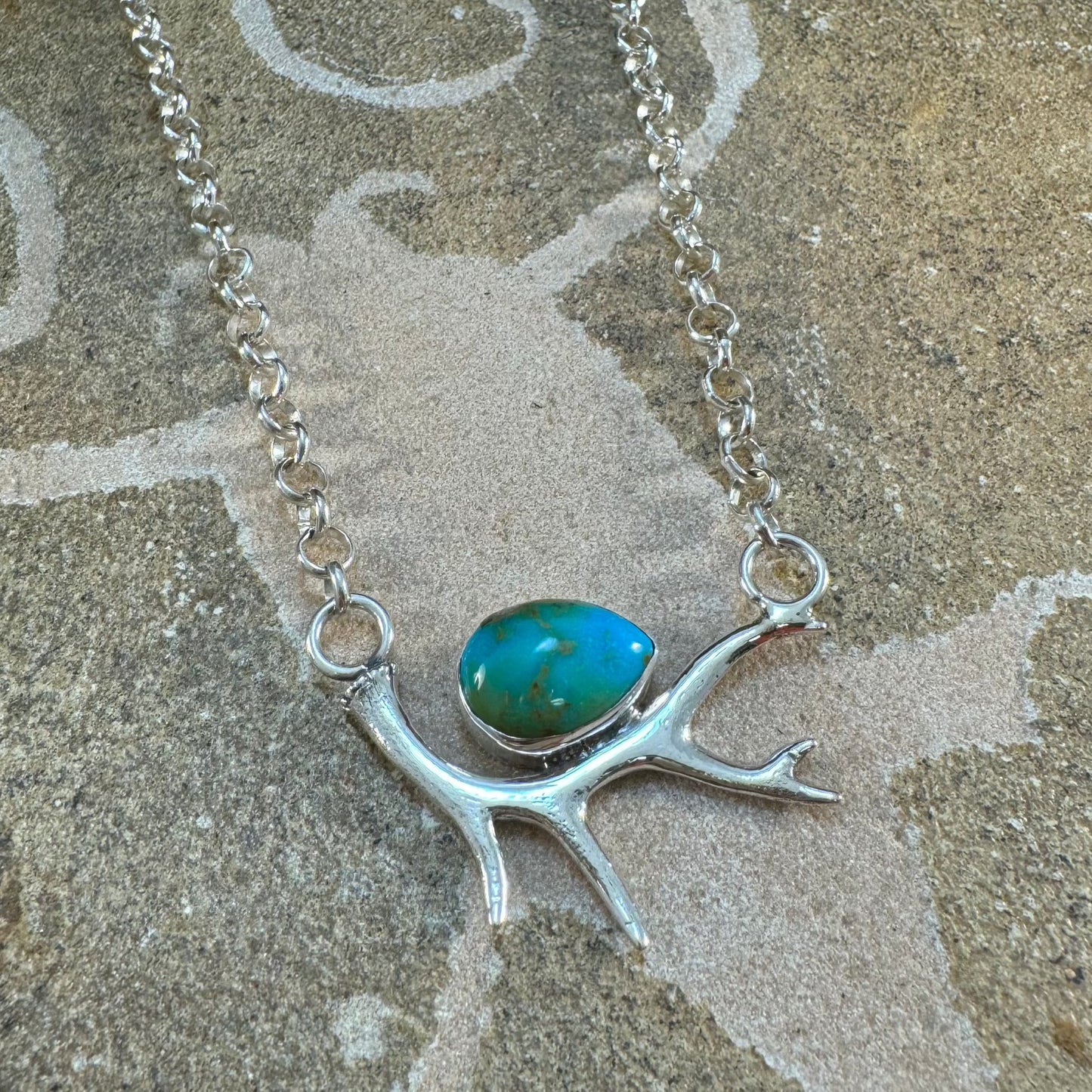 Sonoran Gold Turquoise Sterling Silver Antler Necklace w/ Chain by Billy Jaramillo