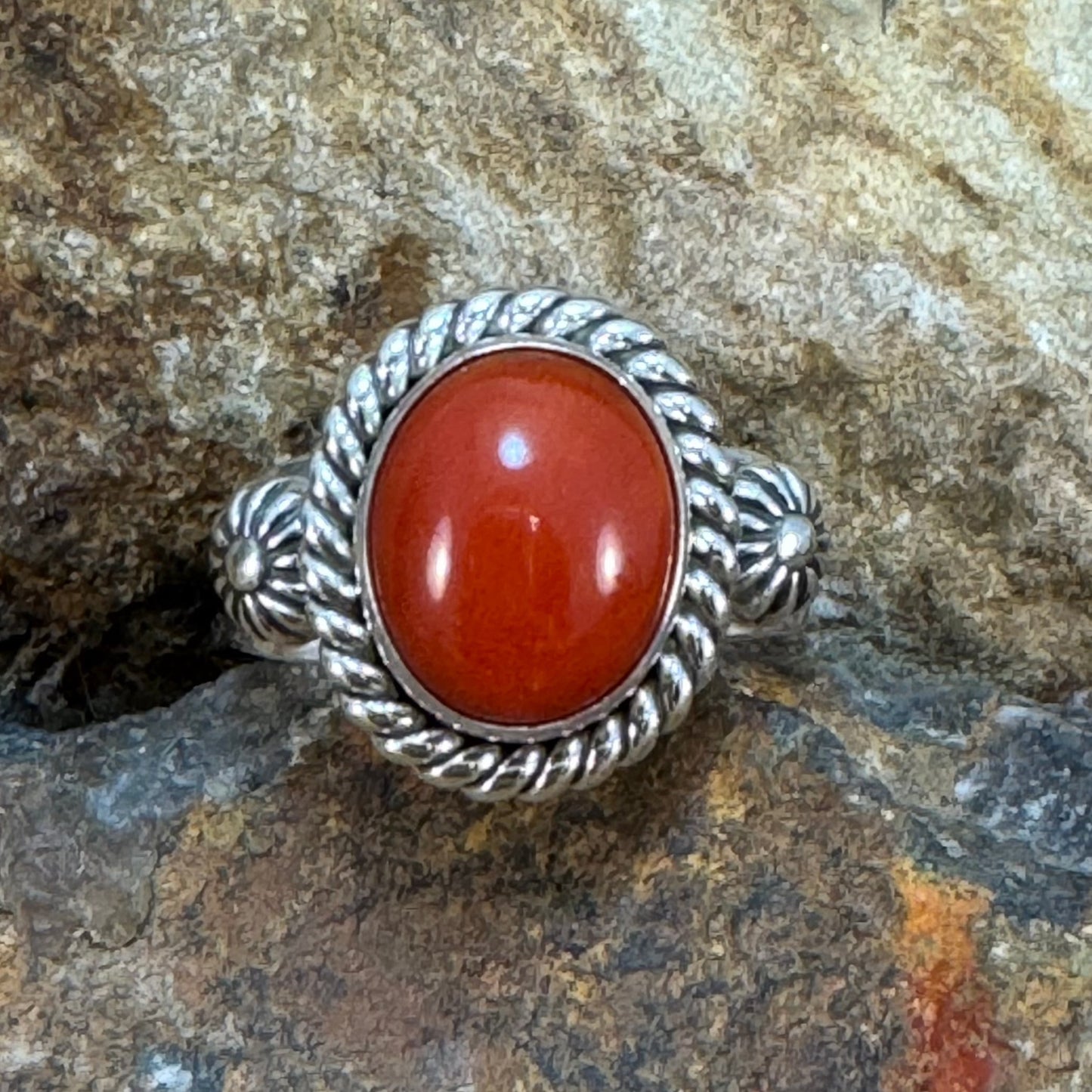 Sterling Silver Red Coral Ring by Artie Yellowhorse