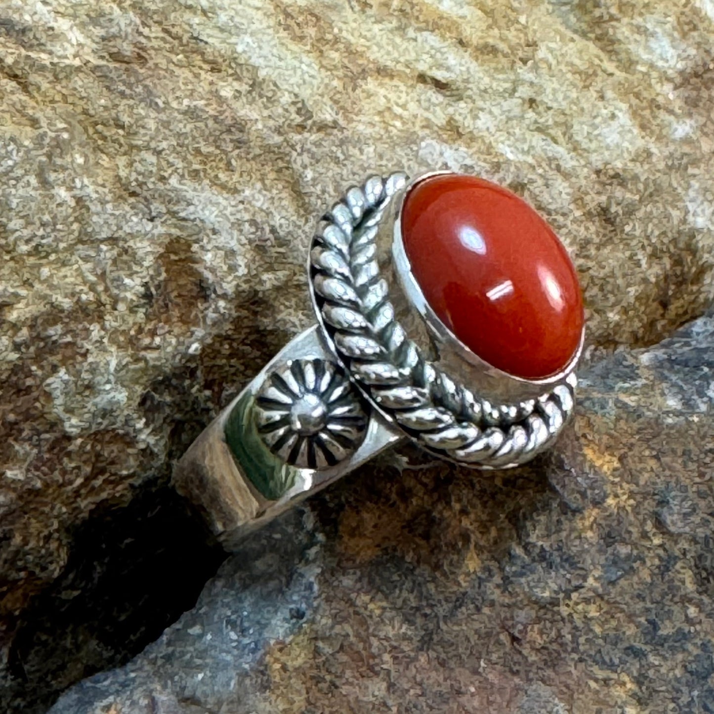 Sterling Silver Red Coral Ring by Artie Yellowhorse