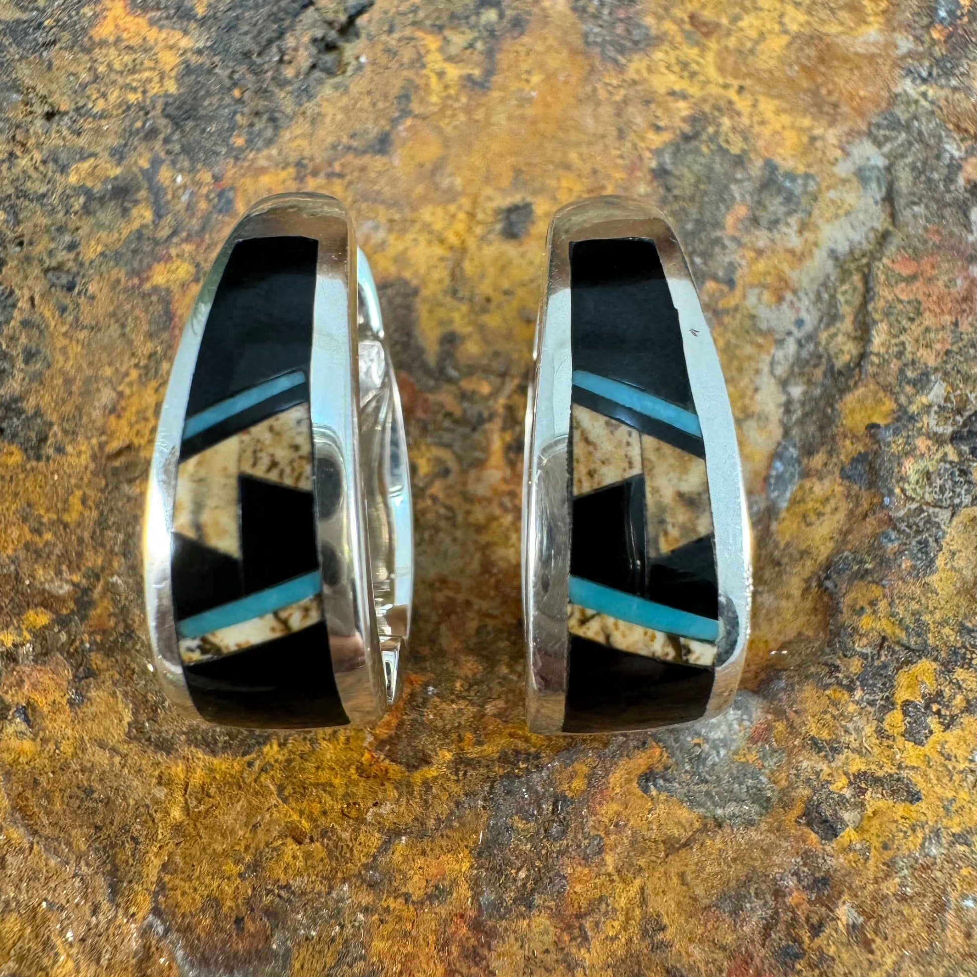 David Rosales Turquoise Creek Fancy Inlaid Sterling Silver Huggie Earrings