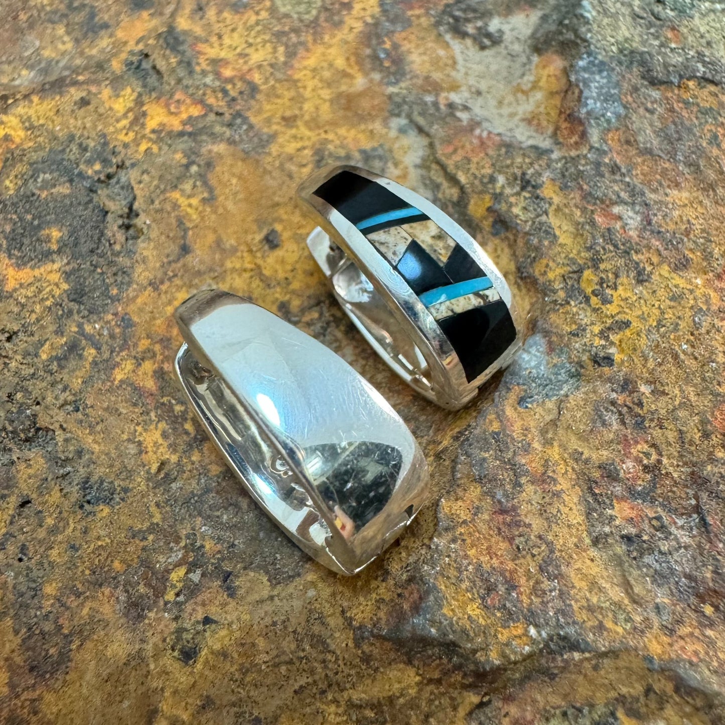 David Rosales Turquoise Creek Fancy Inlaid Sterling Silver Huggie Earrings