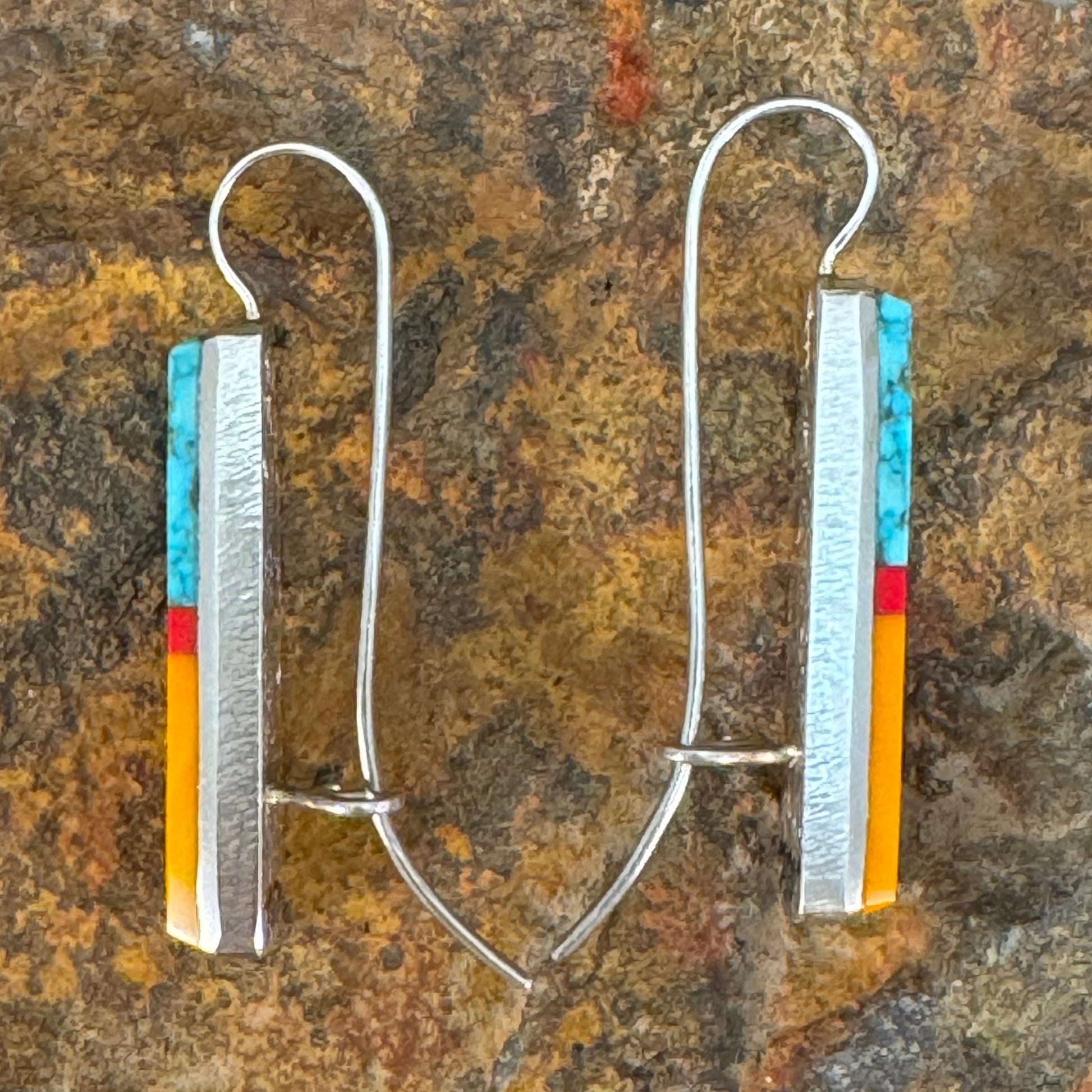 Rosarita & Turquoise Inlaid Sterling Silver Earrings by Duane Maktima