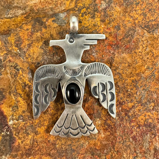 Black Onyx Sterling Silver Pendant Thunderbird