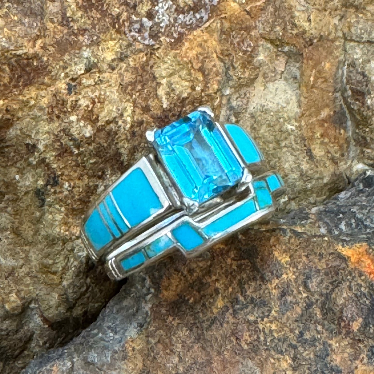 David Rosales Arizona Blue Inlaid Sterling Silver Ring Set w/ Blue Topaz