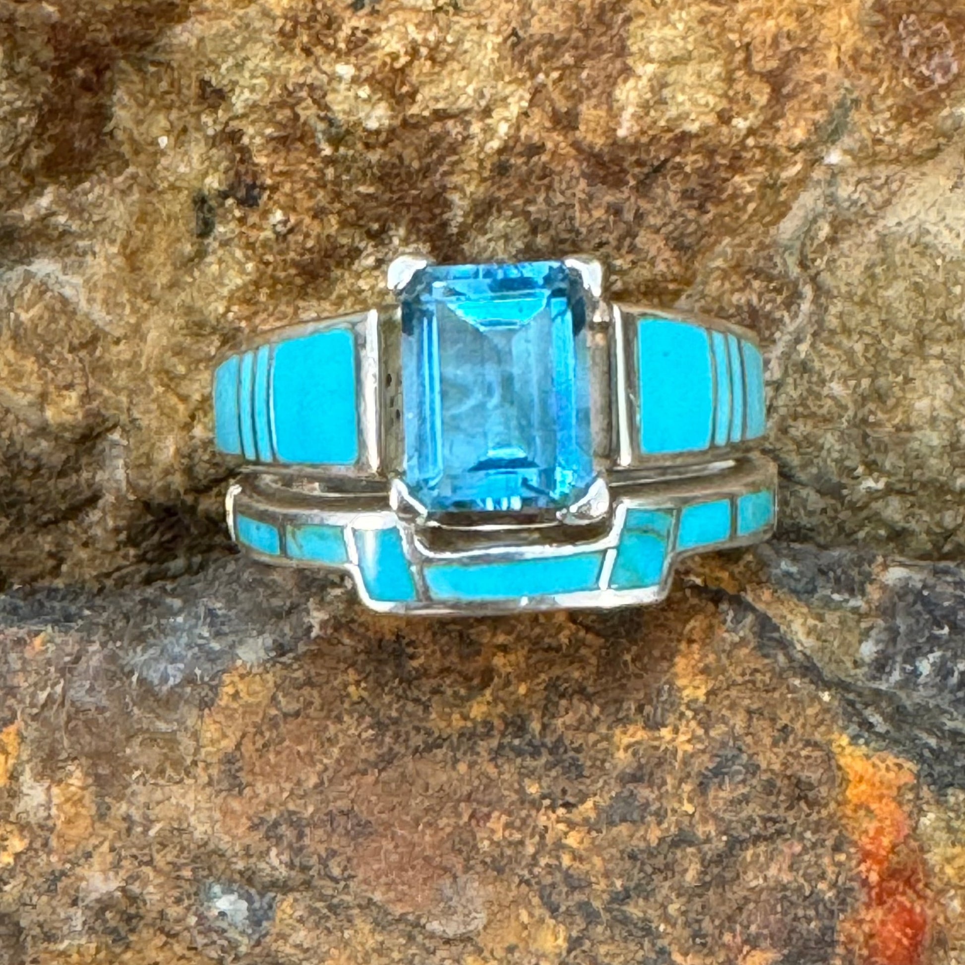 David Rosales Arizona Blue Inlaid Sterling Silver Ring Set w/ Blue Topaz