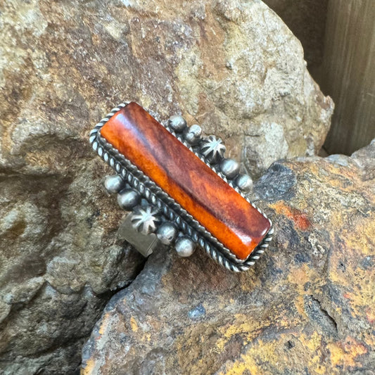 Orange Spiny Oyster Sterling Silver Ring by Mary Tso Size 8 Adj