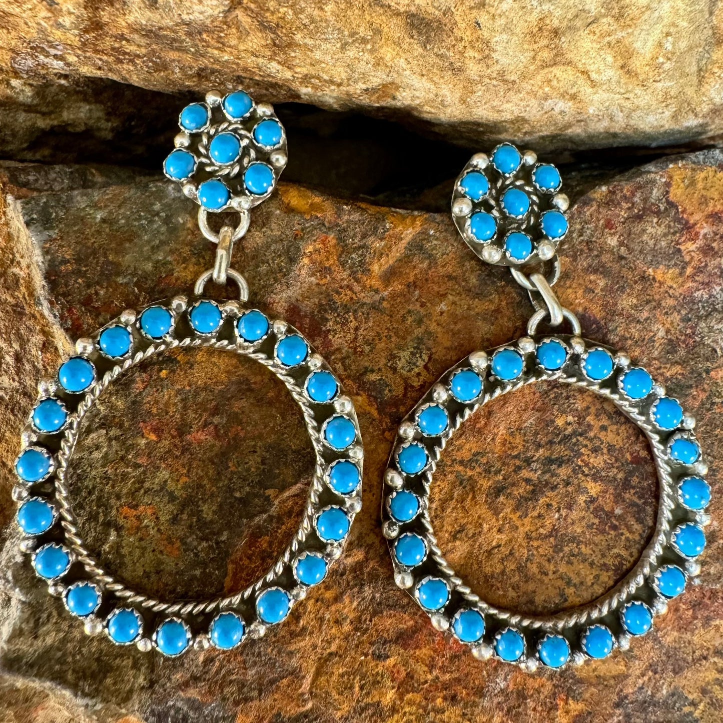 Kingman Turquoise Sterling Silver Earrings Hoops by Falcia Yazzie