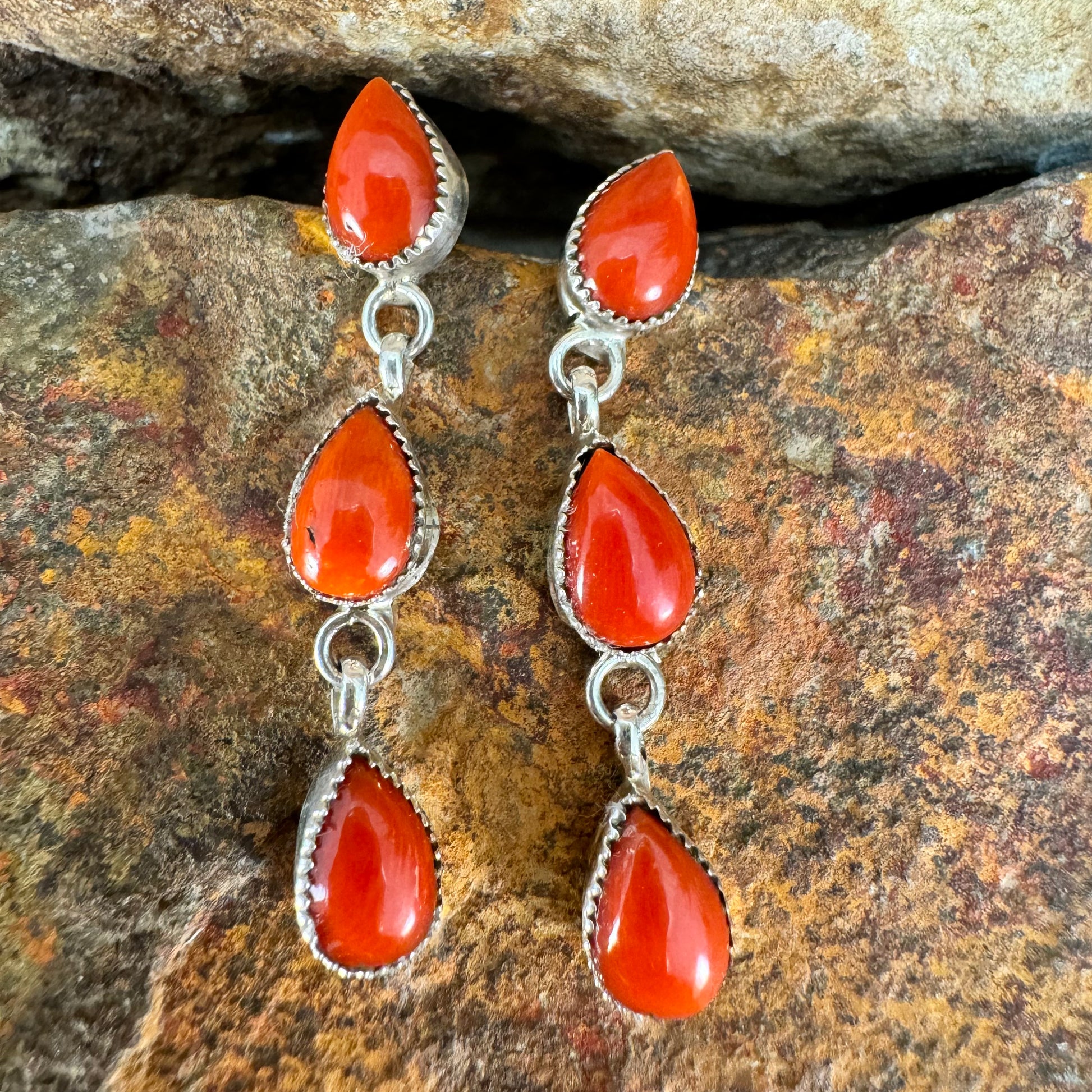 Red Coral Sterling Silver Drop Post Earrings by Eloise Kee