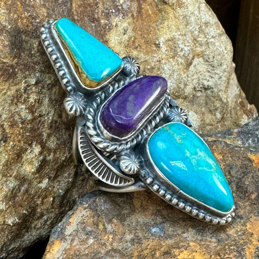 Kingman Turquoise & Sugilite Sterling Silver Ring Tommy Jackson - Size 8