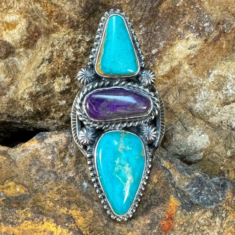 Kingman Turquoise & Sugilite Sterling Silver Ring Tommy Jackson - Size 8