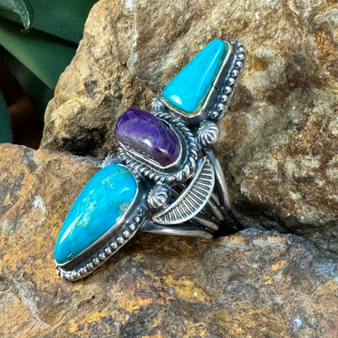 Kingman Turquoise & Sugilite Sterling Silver Ring Tommy Jackson - Size 8