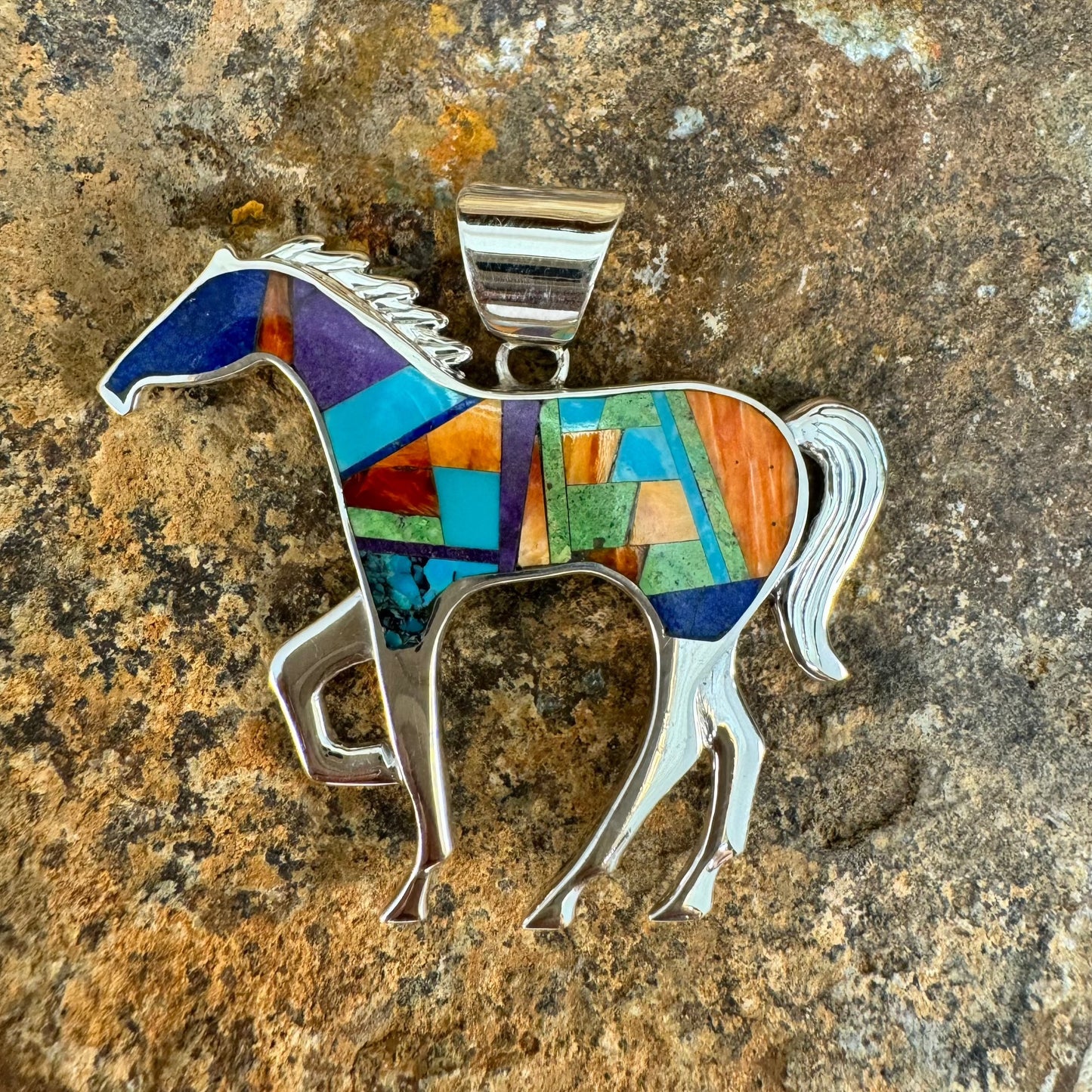 David Rosales Indian Summer Fancy Inlaid Sterling Silver Pendant Horse