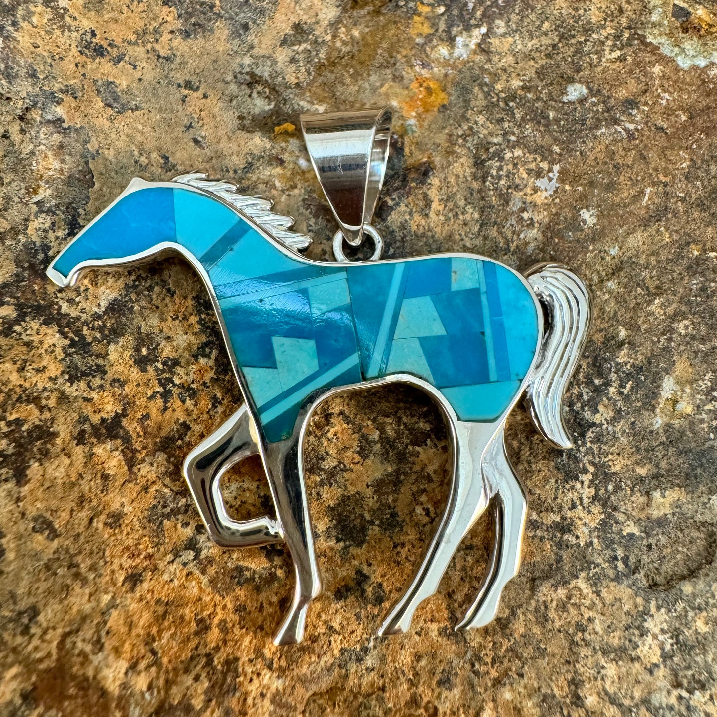 David Rosales Arizona Blue Fancy Two-Tone Inlaid Sterling Silver Pendant Horse