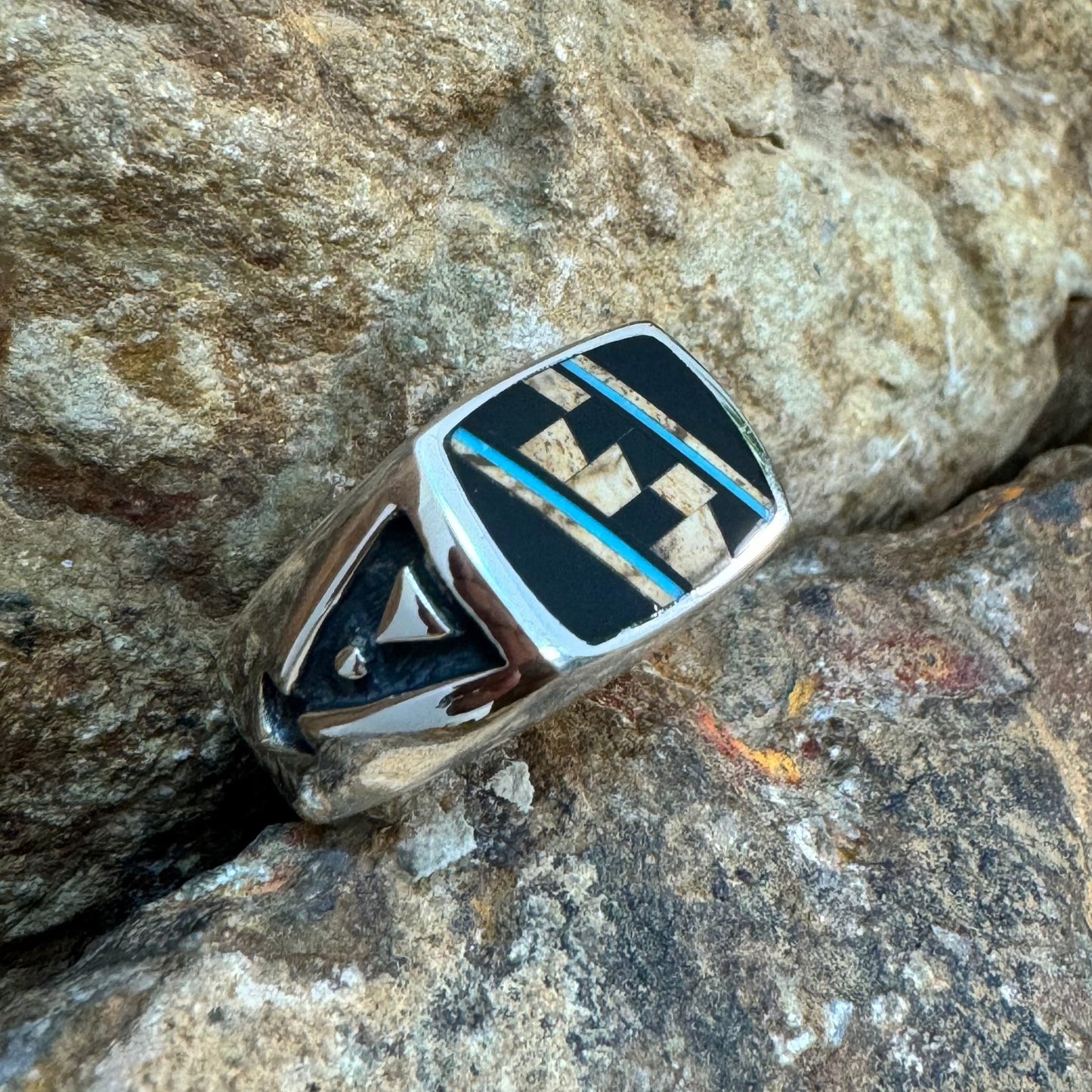 David Rosales Turquoise Creek Fancy Inlaid Sterling Silver Ring