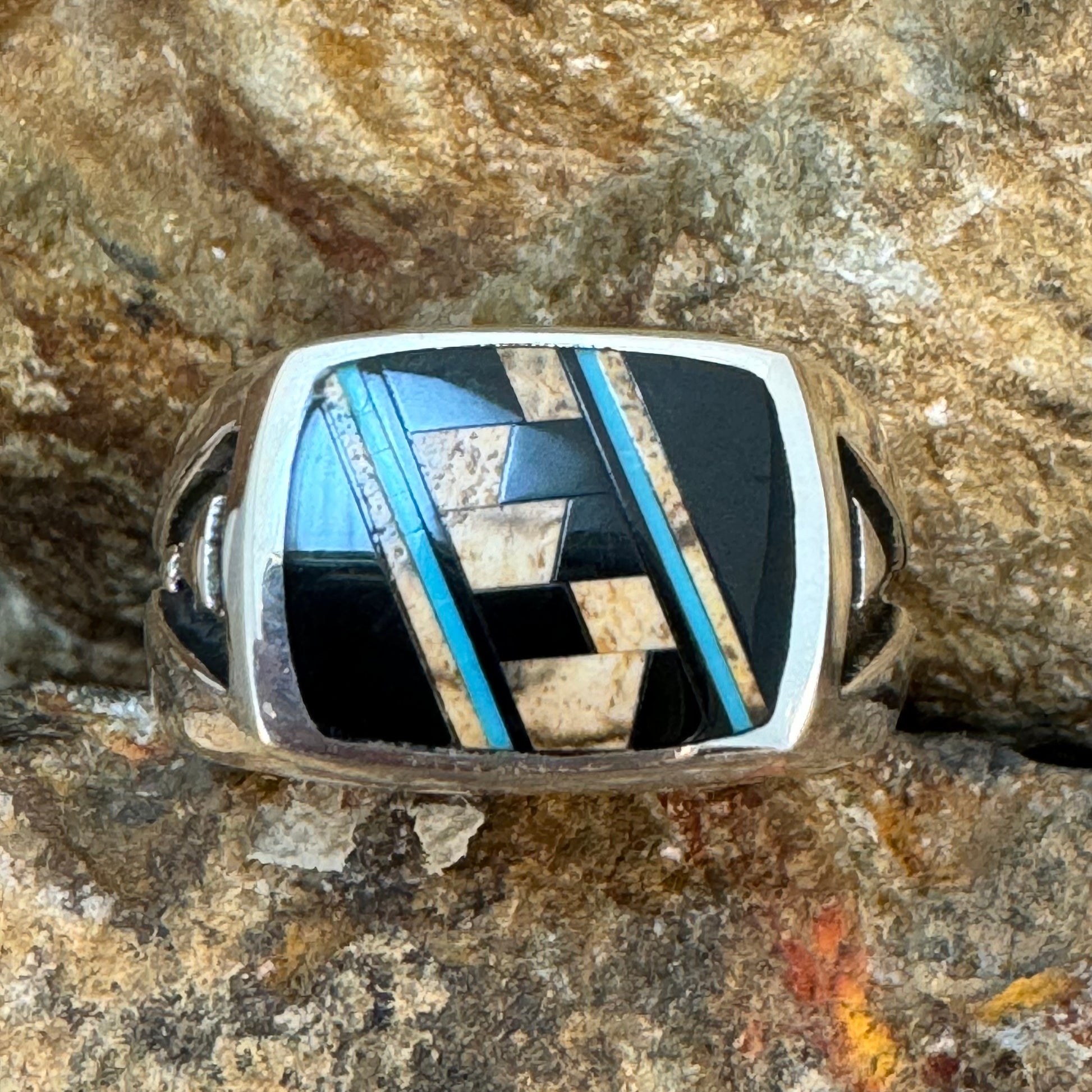 David Rosales Turquoise Creek Fancy Inlaid Sterling Silver Ring