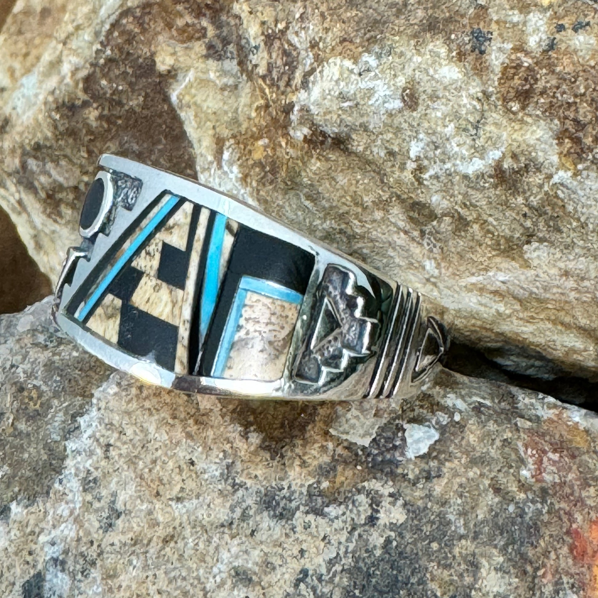 David Rosales Turquoise Creek Fancy Inlaid Sterling Silver Ring