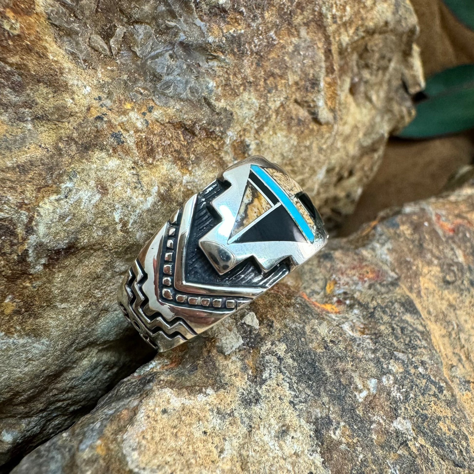 David Rosales Turquoise Creek Inlaid Sterling Silver Ring