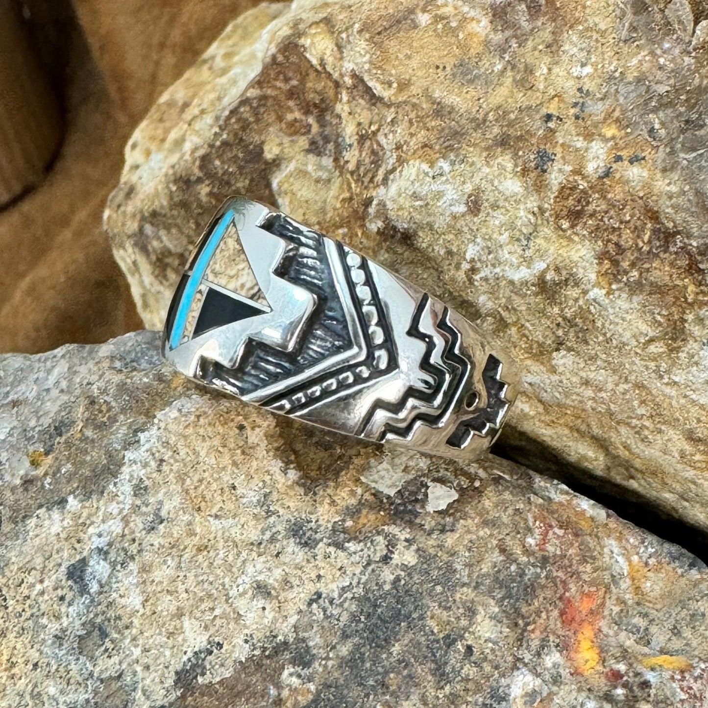 David Rosales Turquoise Creek Inlaid Sterling Silver Ring