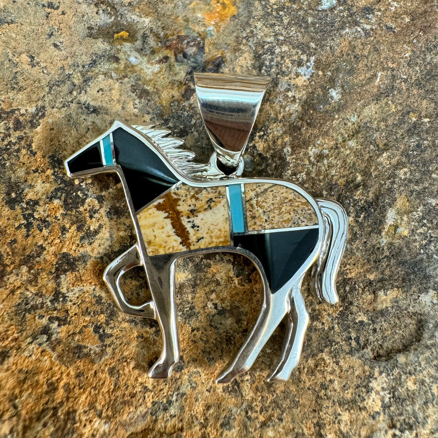 David Rosales Turquoise Creek Inlaid Sterling Silver Pendant Horse