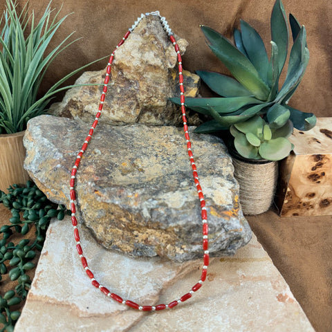 24" Sterling Silver & Red Coral Strand Necklace by Leonard Nez