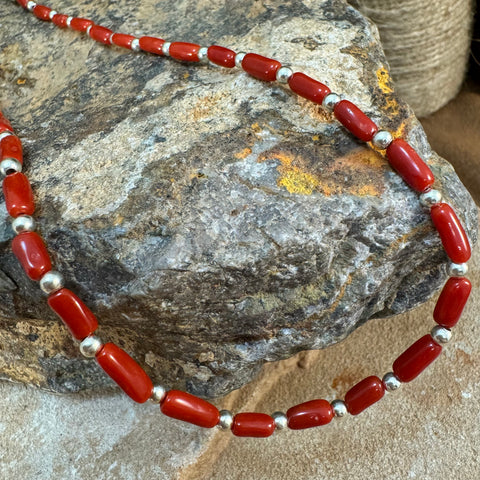 26" Sterling Silver & Red Coral Strand Necklace by Leonard Nez