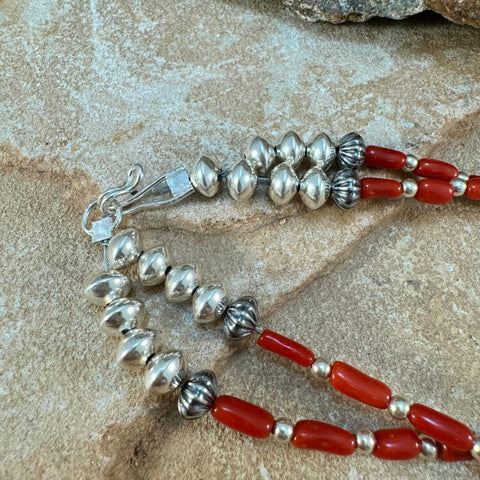 26" Sterling Silver & Red Coral Double Strand Necklace by Leonard Nez