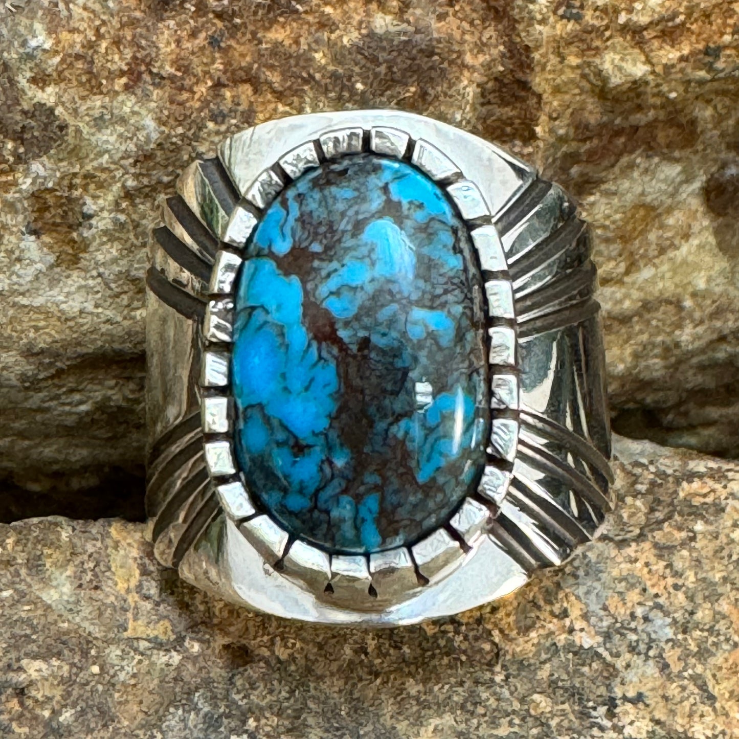 Men's Bisbee Turquoise Sterling Silver Ring by Leonard Nez - Size 12