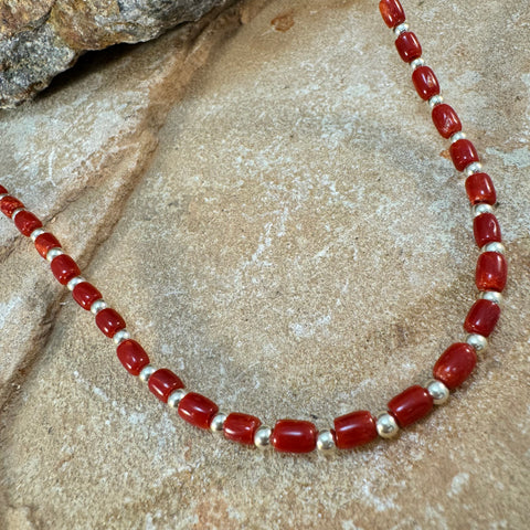 31 1/2" Sterling Silver & Red Coral Strand Necklace by Leonard Nez