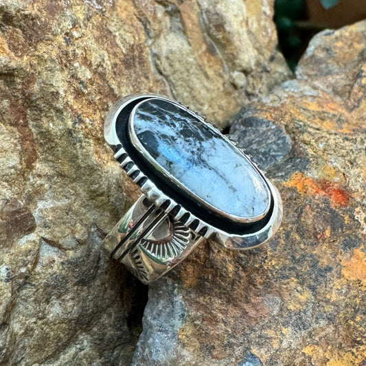 White Buffalo Sterling Silver Ring by Wil Denetdale - Size 6 Adj