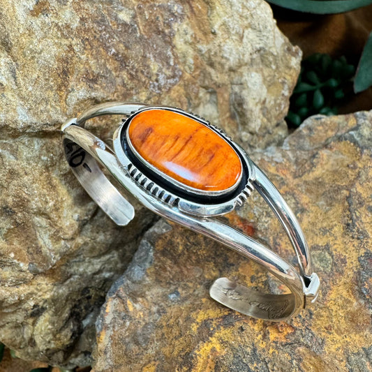 Orange Spiny Oyster Sterling Silver Bracelet by Wil Denetdale