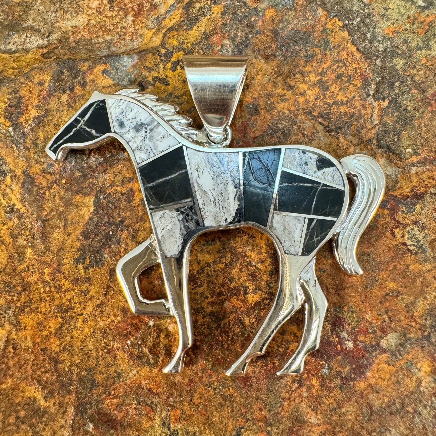 David Rosales White Buffalo Inlaid Sterling Silver Pendant Horse