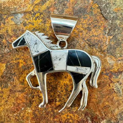 David Rosales White Buffalo Inlaid Sterling Silver Pendant Horse