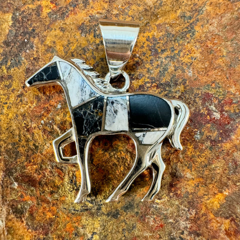 David Rosales White Buffalo Inlaid Sterling Silver Pendant Horse