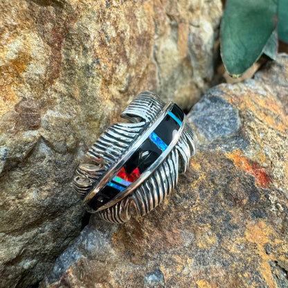 David Rosales Red Moon Inlaid Sterling Silver Ring Feather