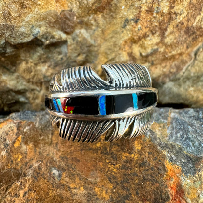 David Rosales Red Moon Inlaid Sterling Silver Ring Feather