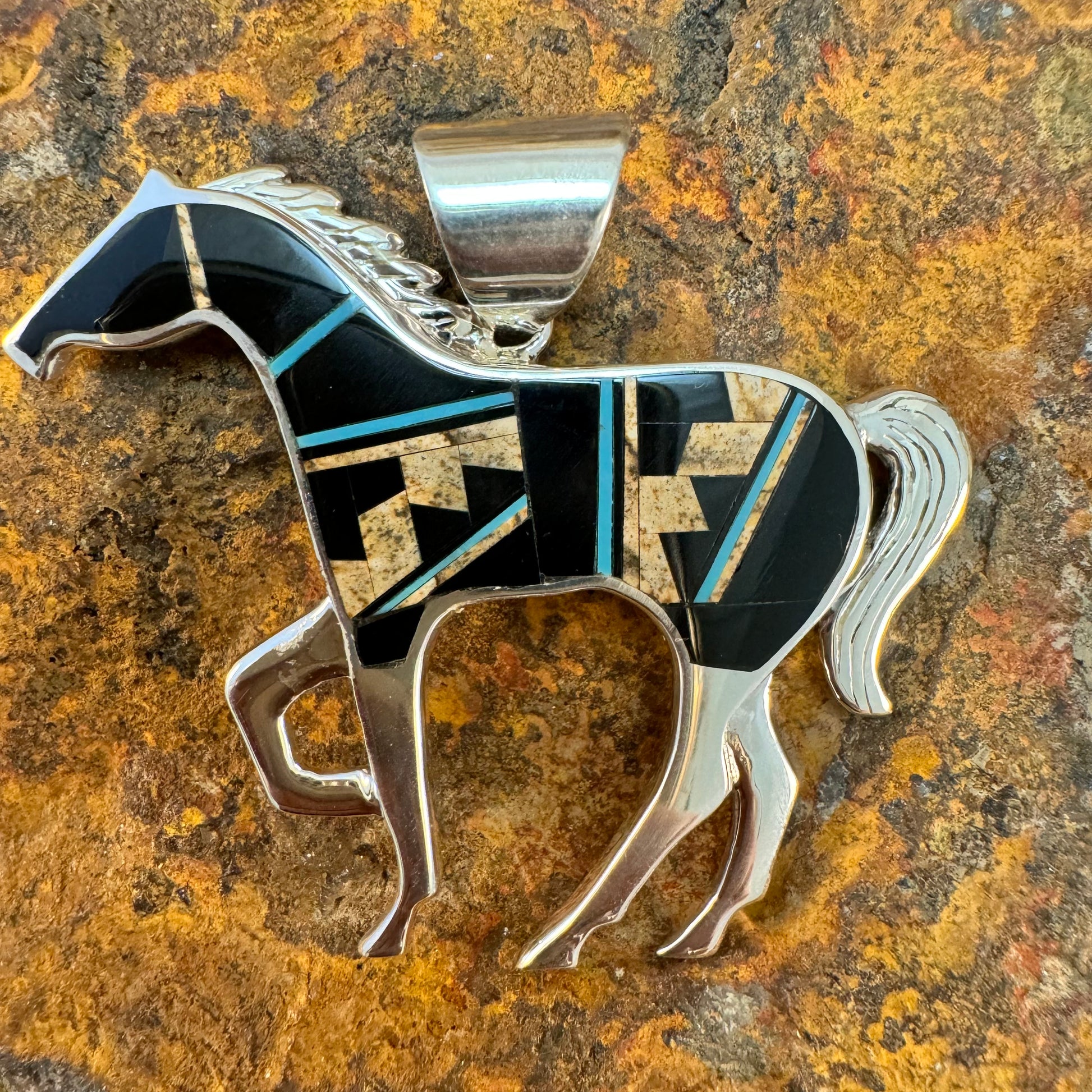 David Rosales Turquoise Creek Fancy Inlaid Sterling Silver Pendant Horse